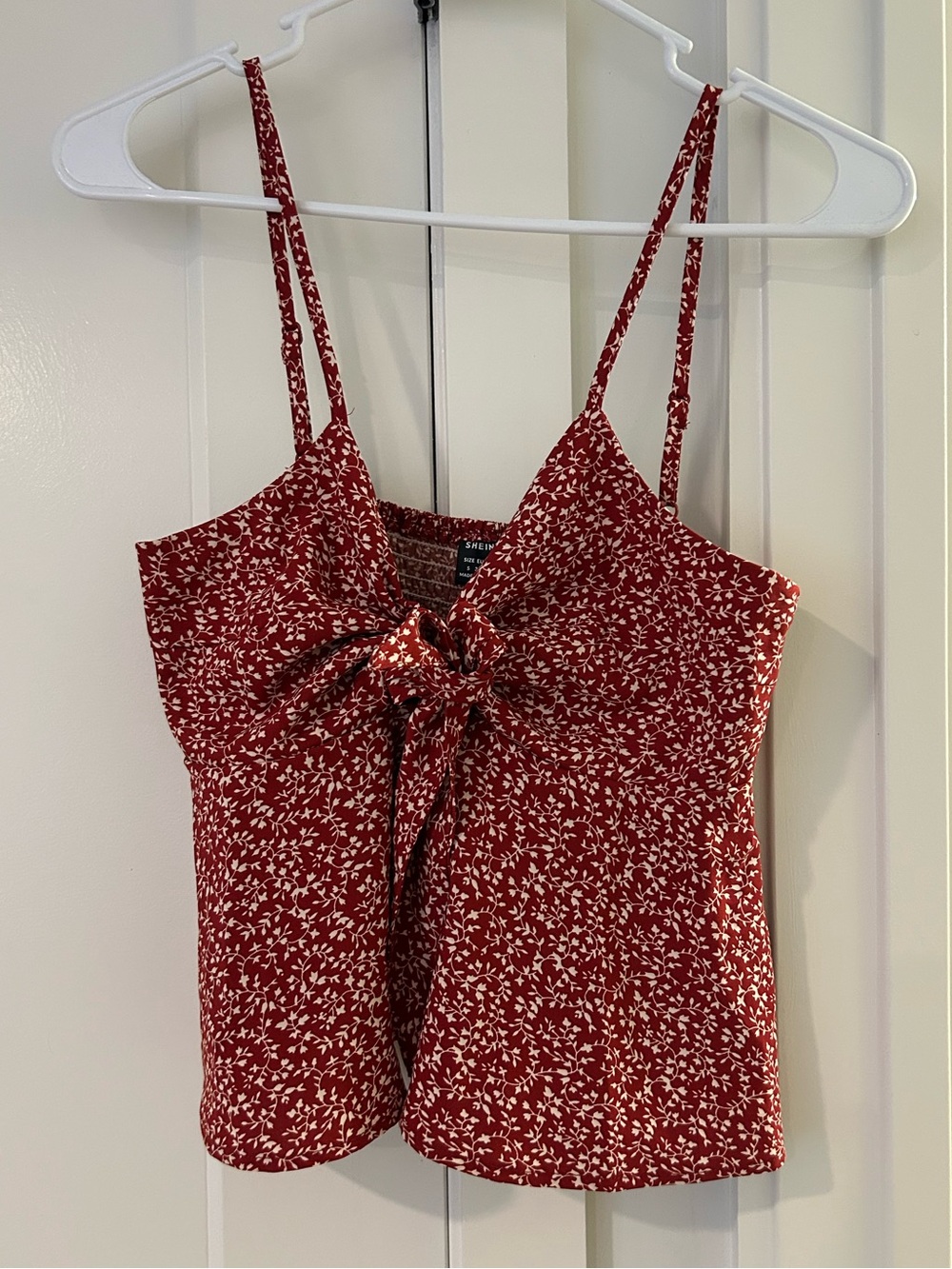 SHEIN Red Floral Tie-Front Spaghetti Strap Top